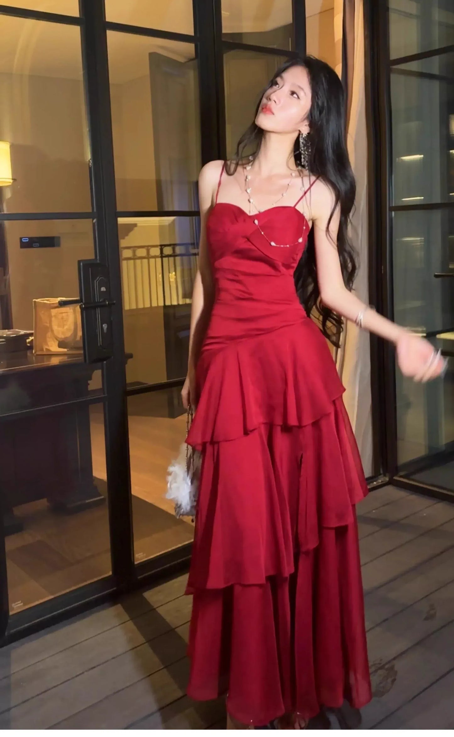 Sexy Mermaid Spaghetti Strap Ruffle Tiered Chiffon Floor-Length Prom Gown