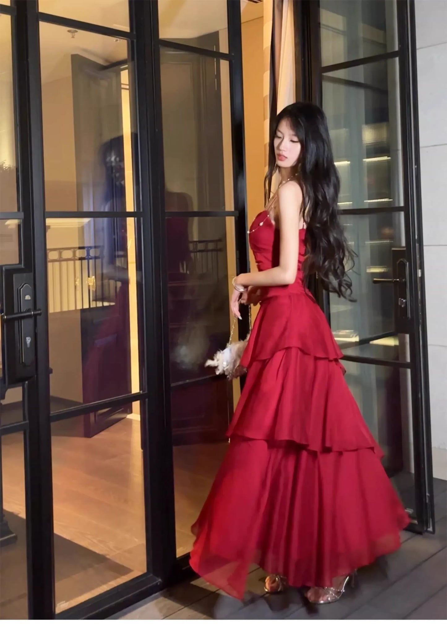 Sexy Mermaid Spaghetti Strap Ruffle Tiered Chiffon Floor-Length Prom Gown