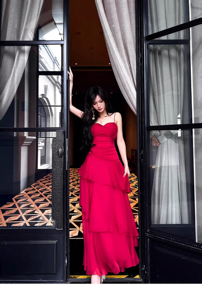 Sexy Mermaid Spaghetti Strap Ruffle Tiered Chiffon Floor-Length Prom Gown