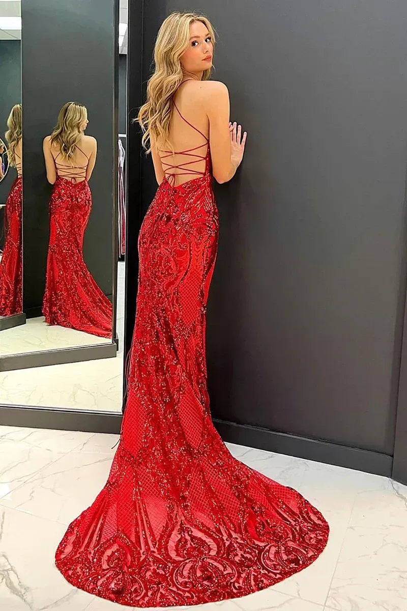 Sexy Mermaid Spaghetti Straps Sleeveless Backless Sweep/Brush Train Prom Dress