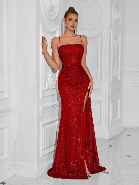 Sexy Mermaid Straight Sleeveless Lace Up Floor-Length Side Slit prom dress for women