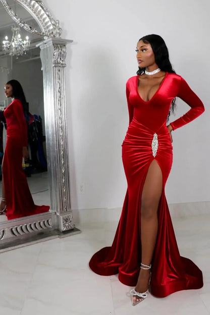 Sexy Mermaid/Trumpet Deep V-Neck Long Sleeve Velvet Sweep/Brush Train Prom Dress
