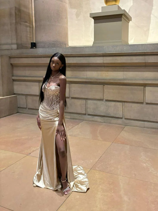 Sexy Mermaid/Trumpet Strapless Sleeveless Lace Up Satin Sweep/Brush Train Prom Dress
