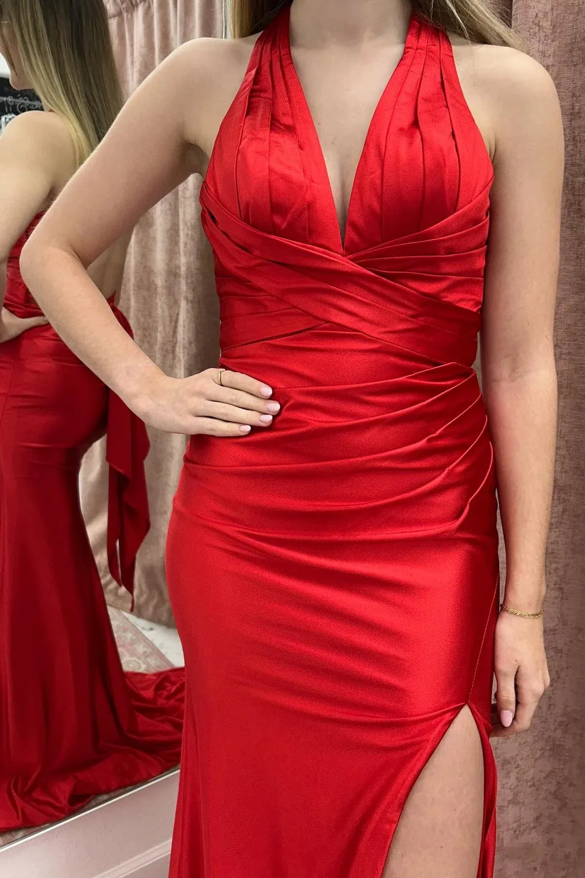 Sexy Mermaid V-neck Sleeveless Ruched Satin Floor-Length Prom Dress