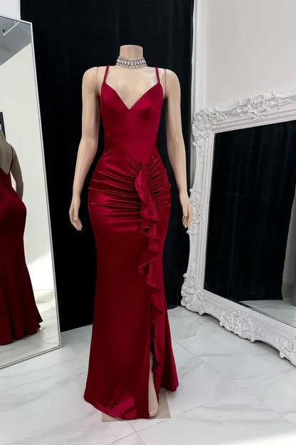 Sexy Mermaid V Neck Sleeveless Pleated Satin Floor-Length Prom Dress