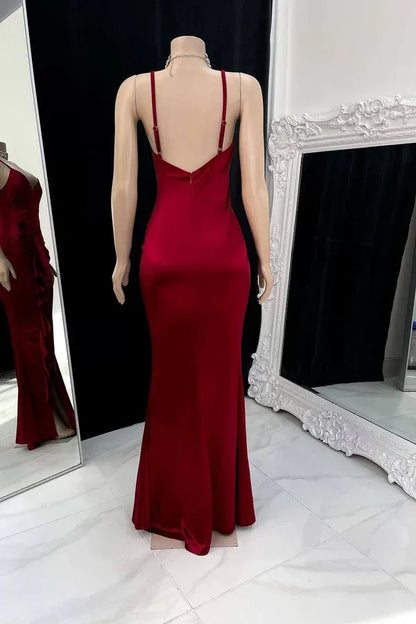 Sexy Mermaid V Neck Sleeveless Pleated Satin Floor-Length Prom Dress