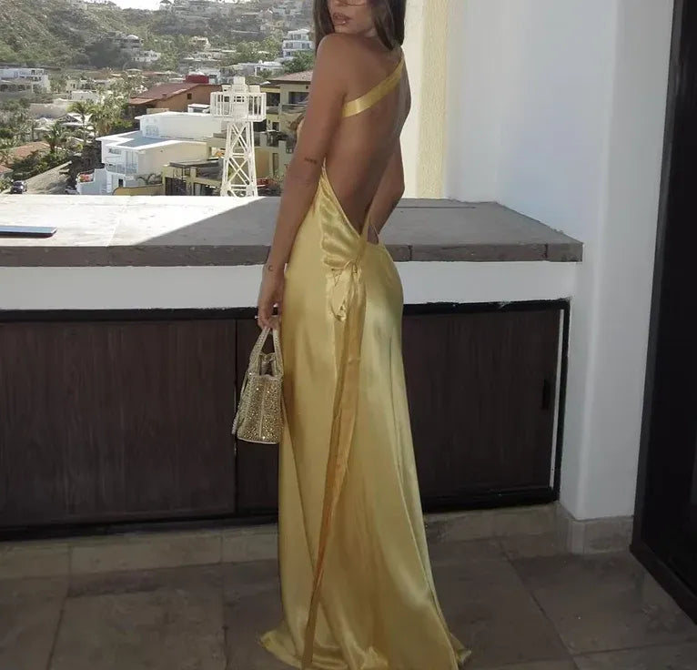 Sexy Sheath/Column One Shoulder Sleeveless Satin Floor-Length Prom Dress