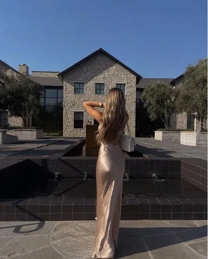 Sexy Sheath/Column Spaghetti Straps Sleeveless Backless Satin Floor-Length Prom Dress