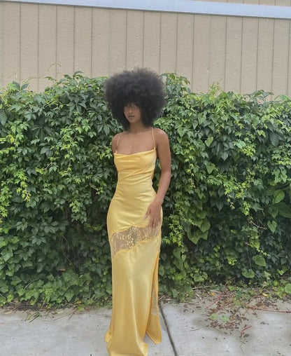 Sexy Sheath/Column Spaghetti Straps Sleeveless Satin Floor-Length Prom Dress