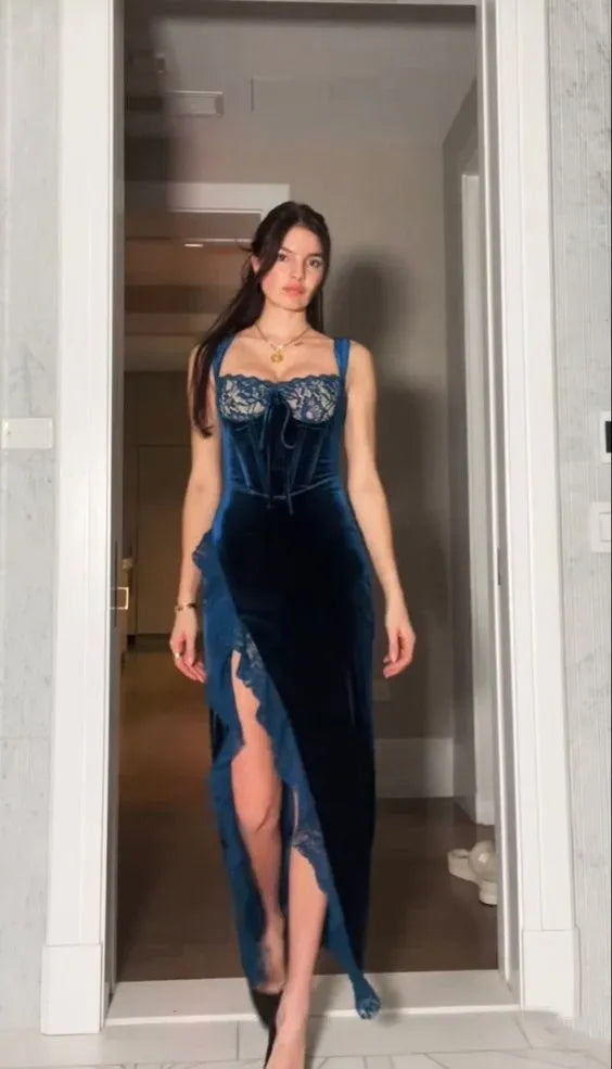 Sexy Sheath Square Neck Sleeveless Velvet Slit Floor-Length Evening Dress