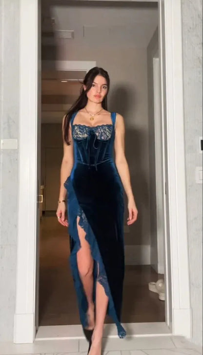 Sexy Sheath Square Neck Sleeveless Velvet Slit Floor-Length Evening Dress