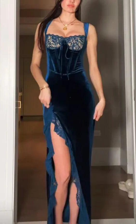 Sexy Sheath Square Neck Sleeveless Velvet Slit Floor-Length Evening Dress