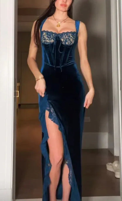 Sexy Sheath Square Neck Sleeveless Velvet Slit Floor-Length Evening Dress