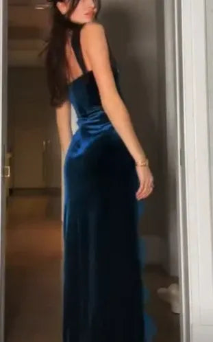 Sexy Sheath Square Neck Sleeveless Velvet Slit Floor-Length Evening Dress