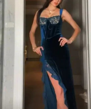Sexy Sheath Square Neck Sleeveless Velvet Slit Floor-Length Evening Dress