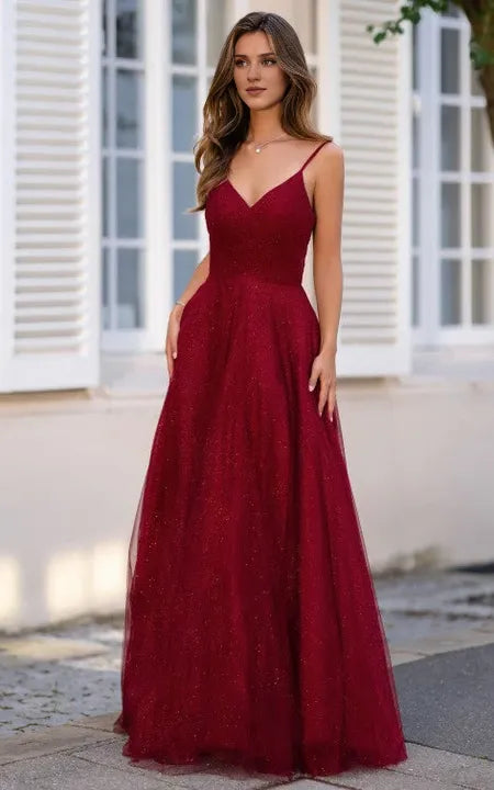 Sexy Sleeveless Floor-length A Line Tulle Deep-V Back Prom Dress with Ruching/Formal Women's Dresses
