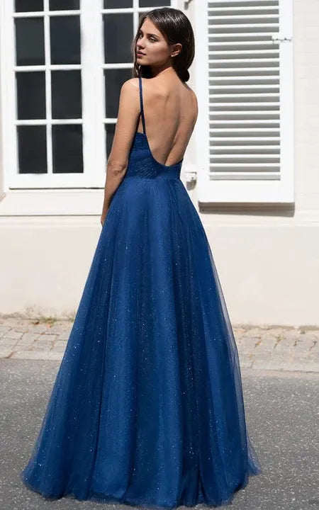 Sexy Sleeveless Floor-length A Line Tulle Deep-V Back Prom Dress with Ruching/Formal Women's Dresses