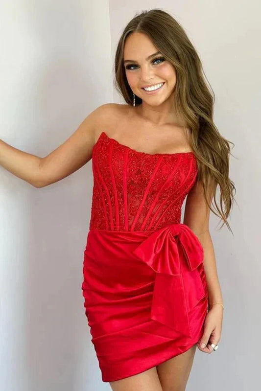 Sexy Strapless Red Homecoming Dress Short Lace Summer Dress