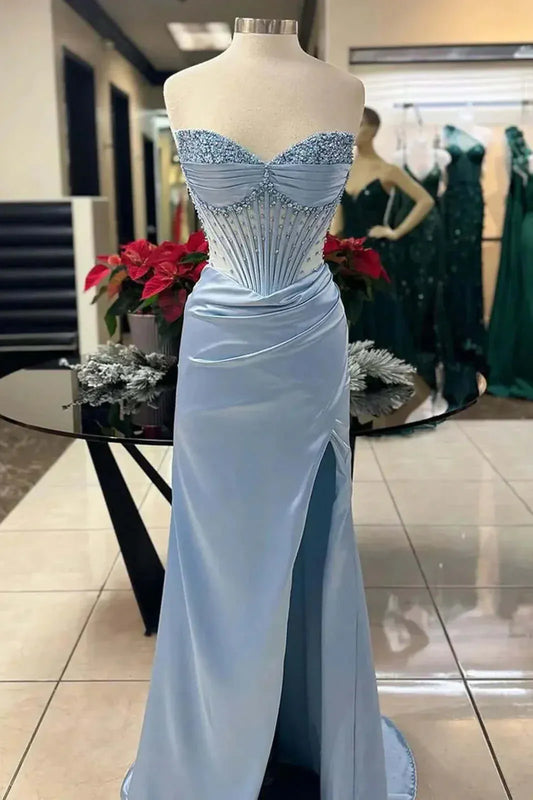 Sexy Strapless Sleeveless Bodycon Satin Crystal Floor Length Prom Dress