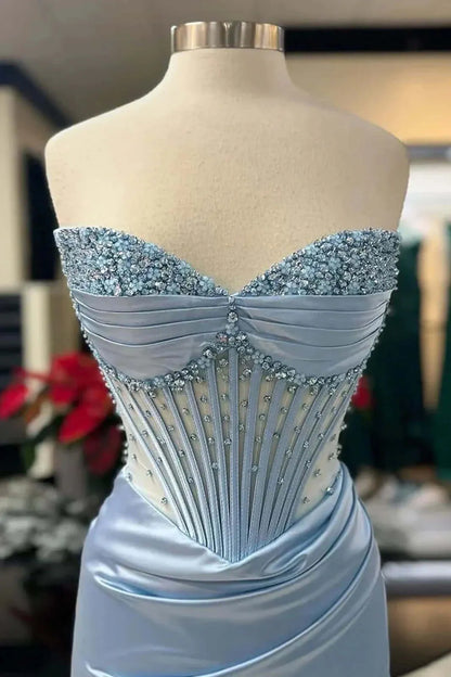 Sexy Strapless Sleeveless Bodycon Satin Crystal Floor Length Prom Dress