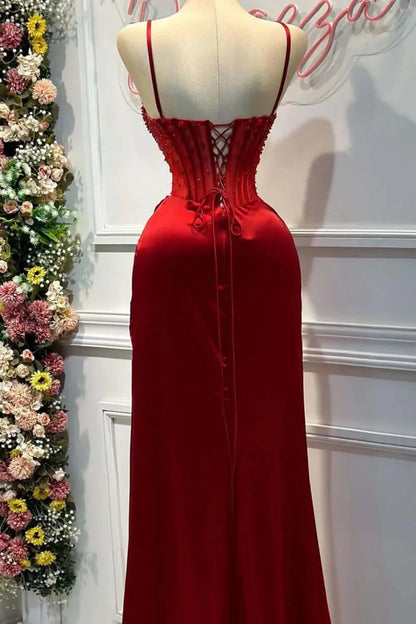 Sexy Strapless Sleeveless Bodycon Satin Crystal Floor Length Prom Dress