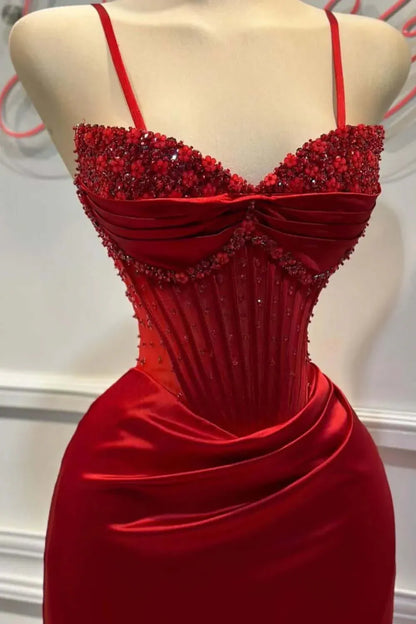 Sexy Strapless Sleeveless Bodycon Satin Crystal Floor Length Prom Dress