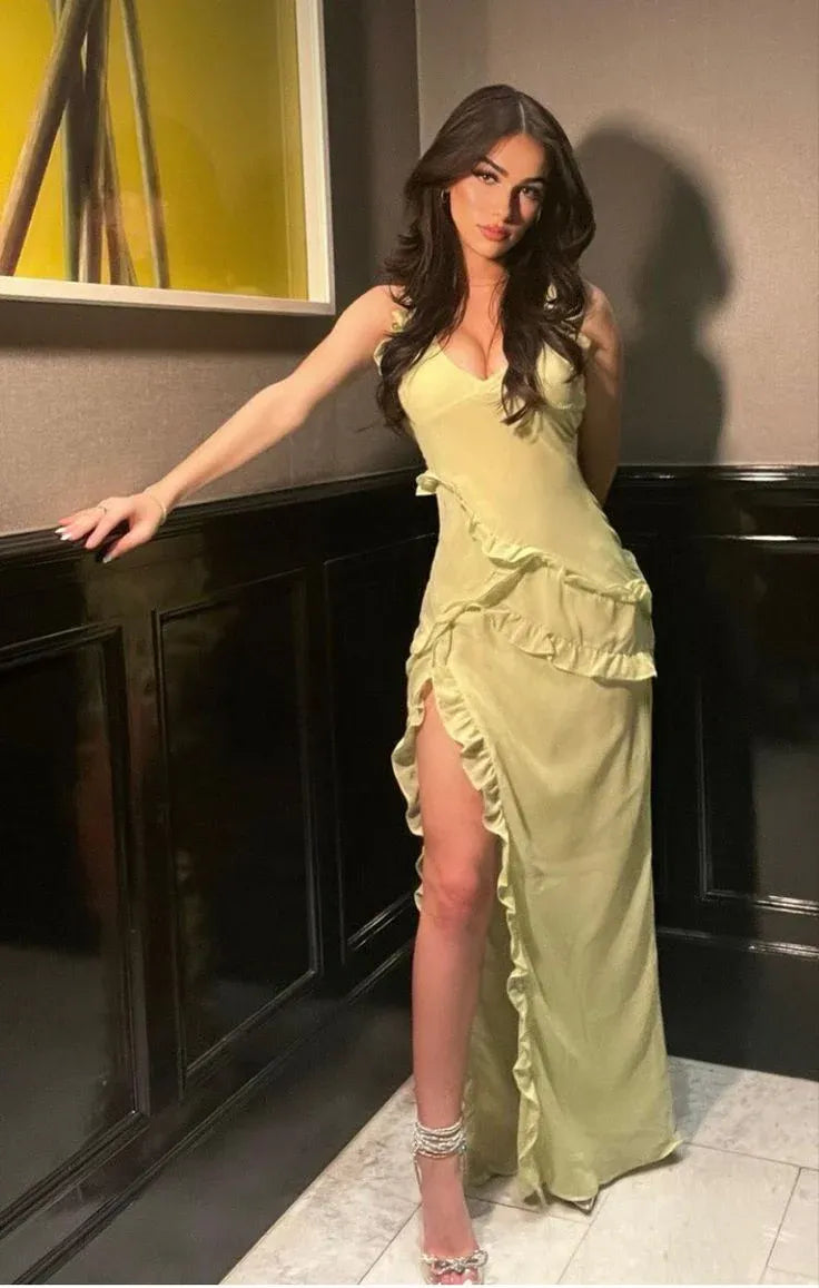 Sexy V Neck Sleeveless Bodycon Ruffled Chiffon Floor-Length Party Dress