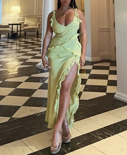 Sexy V Neck Sleeveless Bodycon Ruffled Chiffon Floor-Length Party Dress