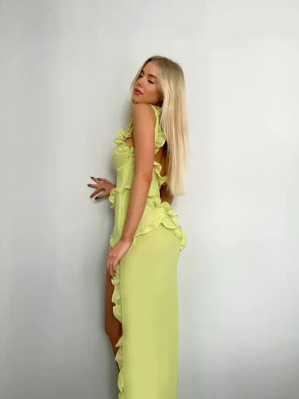 Sexy V Neck Sleeveless Bodycon Ruffled Chiffon Floor-Length Party Dress