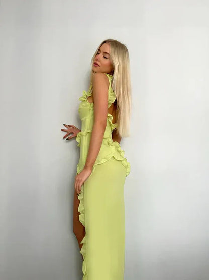 Sexy V Neck Sleeveless Bodycon Ruffled Chiffon Floor-Length Party Dress