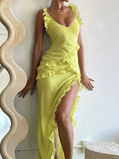 Sexy V Neck Sleeveless Bodycon Ruffled Chiffon Floor-Length Party Dress