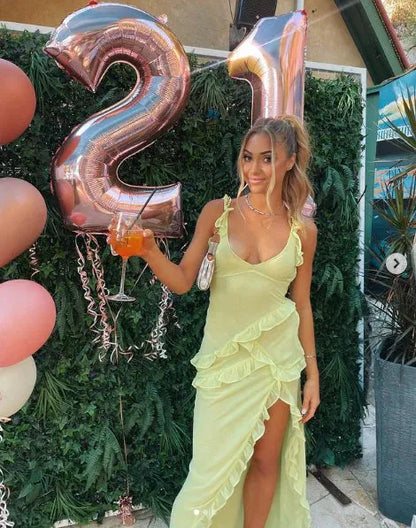 Sexy V Neck Sleeveless Bodycon Ruffled Chiffon Floor-Length Party Dress