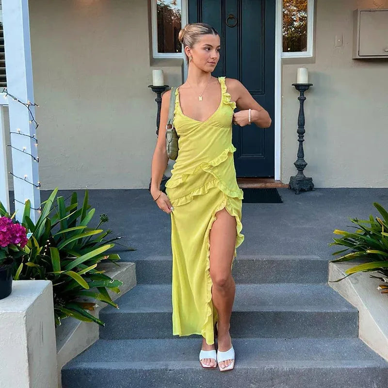 Sexy V Neck Sleeveless Bodycon Ruffled Chiffon Floor-Length Party Dress