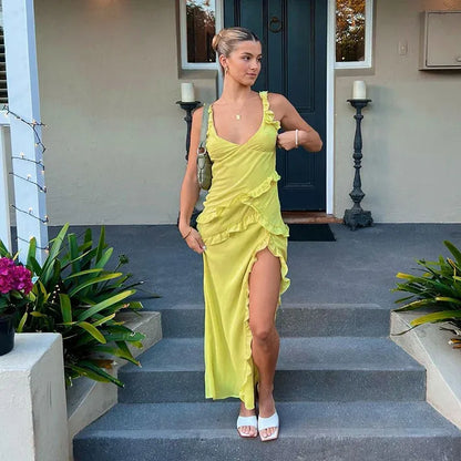 Sexy V Neck Sleeveless Bodycon Ruffled Chiffon Floor-Length Party Dress