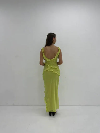Sexy V Neck Sleeveless Bodycon Ruffled Chiffon Floor-Length Party Dress