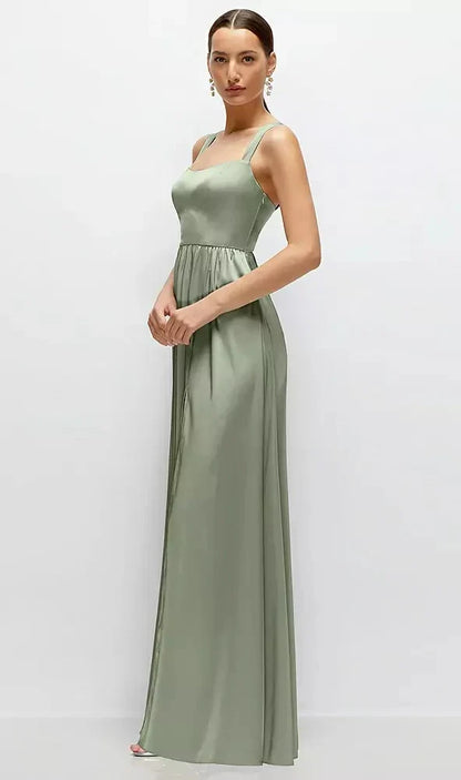Shaped Strap Portrait Neckline Fluid Satin Maxi Dress with Full Skirt in Sage