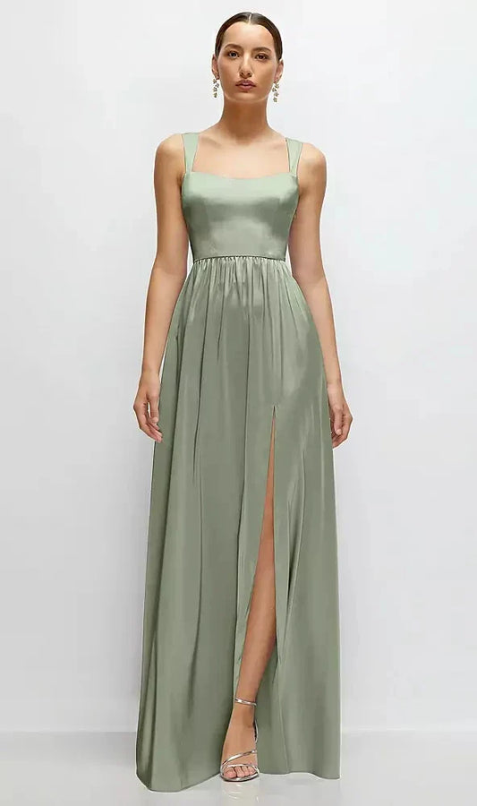 Shaped Strap Portrait Neckline Fluid Satin Maxi Dress with Full Skirt in Sage