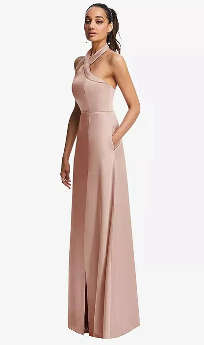 Shawl Collar Open-Back Halter Maxi Dress with Pockets in Toasted Sugar