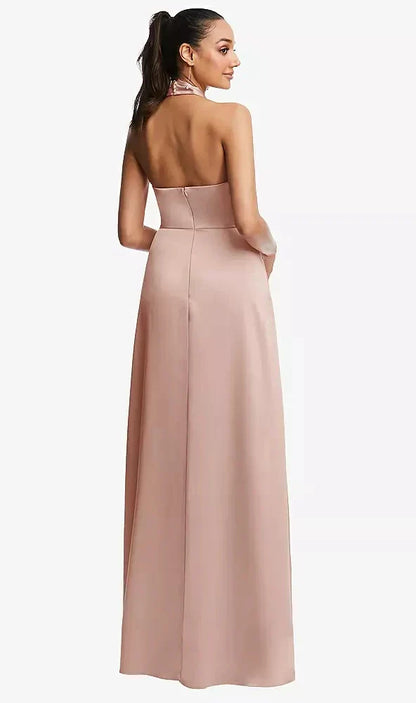 Shawl Collar Open-Back Halter Maxi Dress with Pockets in Toasted Sugar