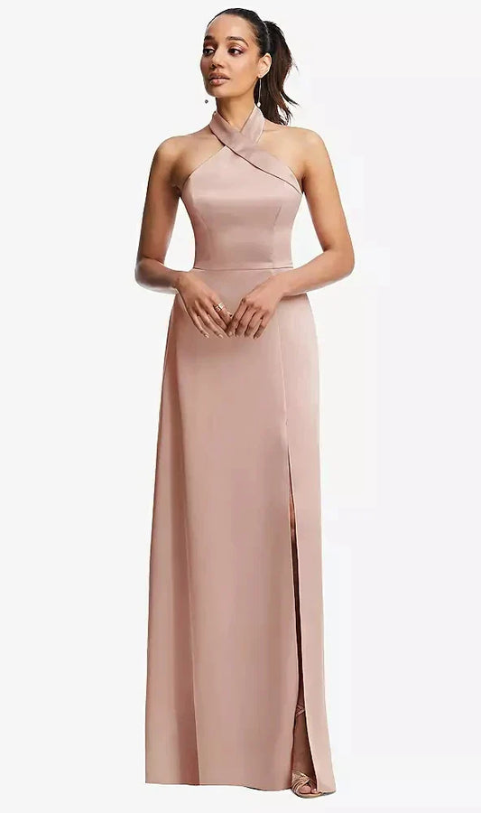 Shawl Collar Open-Back Halter Maxi Dress with Pockets in Toasted Sugar