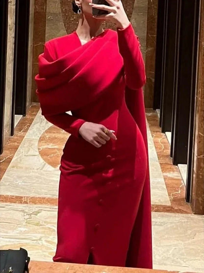 Sheath Column Cowl Neck Long Sleeves Floor-Length Evening Dresses with Buttons & Split Side