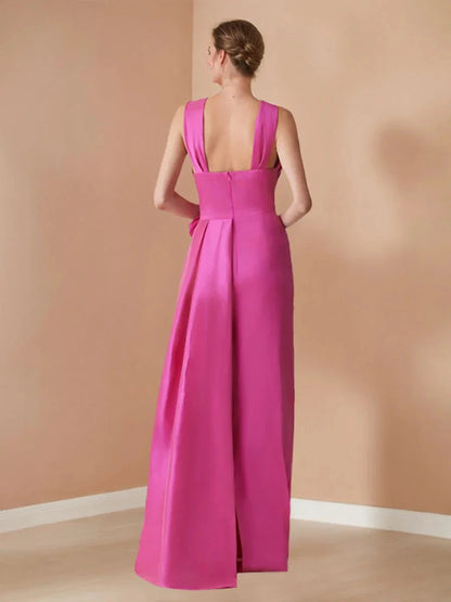 Sheath Column Criss Cross Sleeveless Floor-Length Evening Dresses with 3D Flower