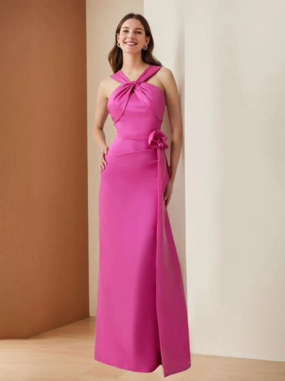 Sheath Column Criss Cross Sleeveless Floor-Length Evening Dresses with 3D Flower