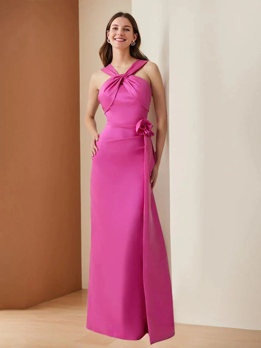 Sheath Column Criss Cross Sleeveless Floor-Length Evening Dresses with 3D Flower