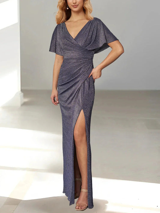 Sheath Column Draped Sleeve Plunging Neck Floor-Length Mother of the Bride Dresses with Split
