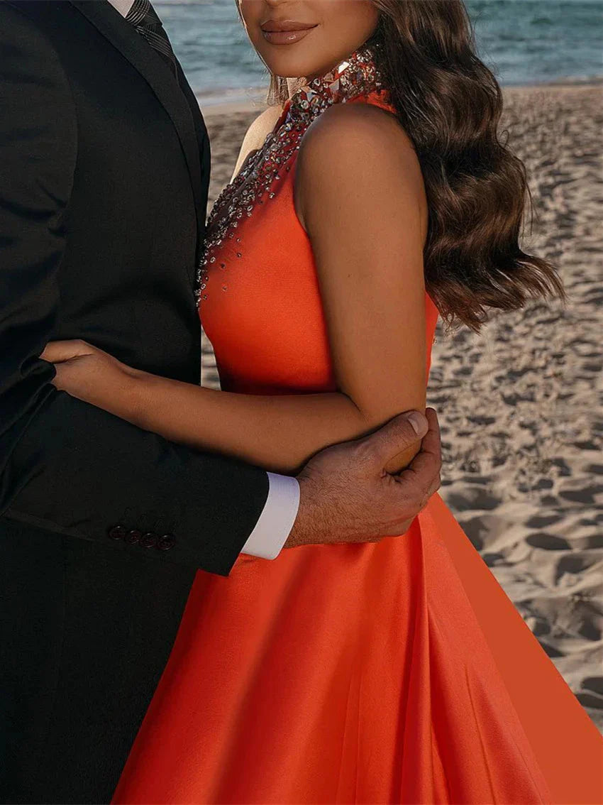 Sheath Column Halter Floor-length Prom Dresses