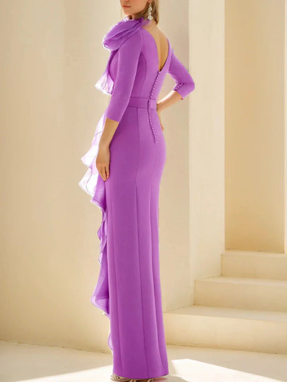 Sheath Column Jewel Neck 34 Length Sleeves Floor-Length Long Mother of the Bride dresses with Ruffles
