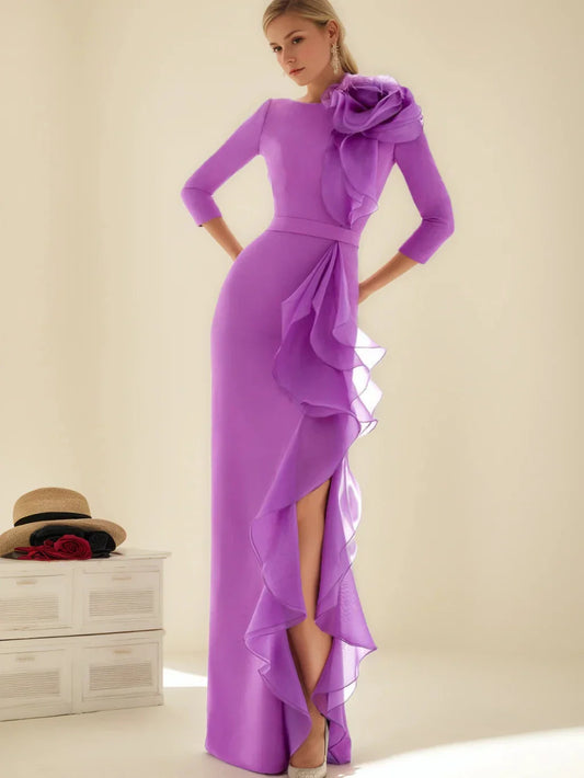 Sheath Column Jewel Neck 34 Length Sleeves Floor-Length Long Mother of the Bride dresses with Ruffles