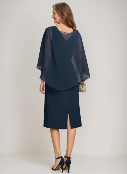 Sheath Column Jewel Neck Tea-Length Mother Of The Bride Dresses with Detachable Cape & Ruffles & Beads