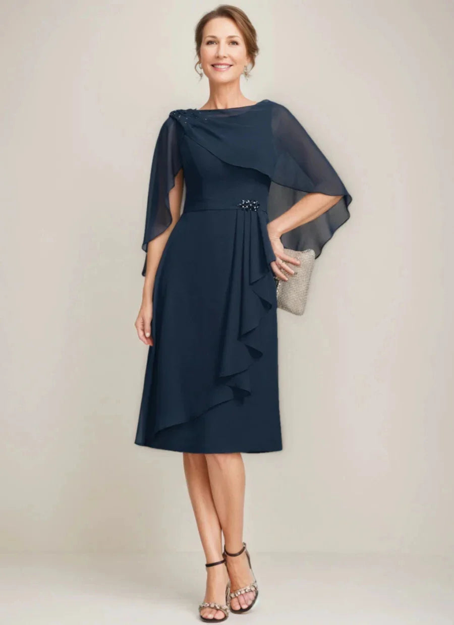Sheath Column Jewel Neck Tea-Length Mother Of The Bride Dresses with Detachable Cape & Ruffles & Beads